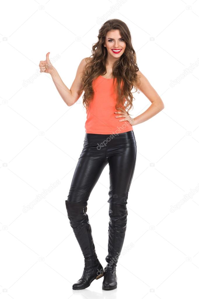 Black leather trousers girl