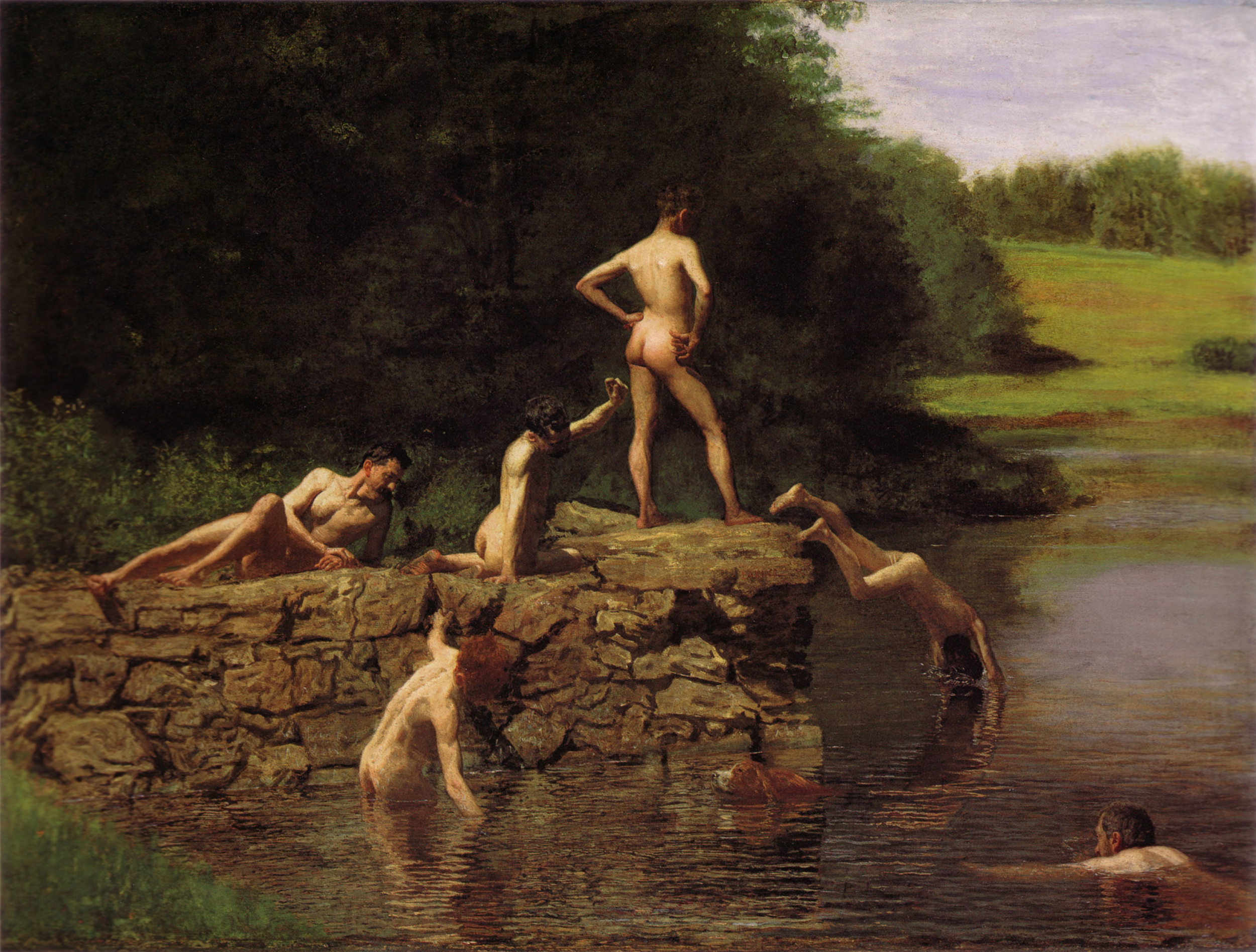 Nude boy in river